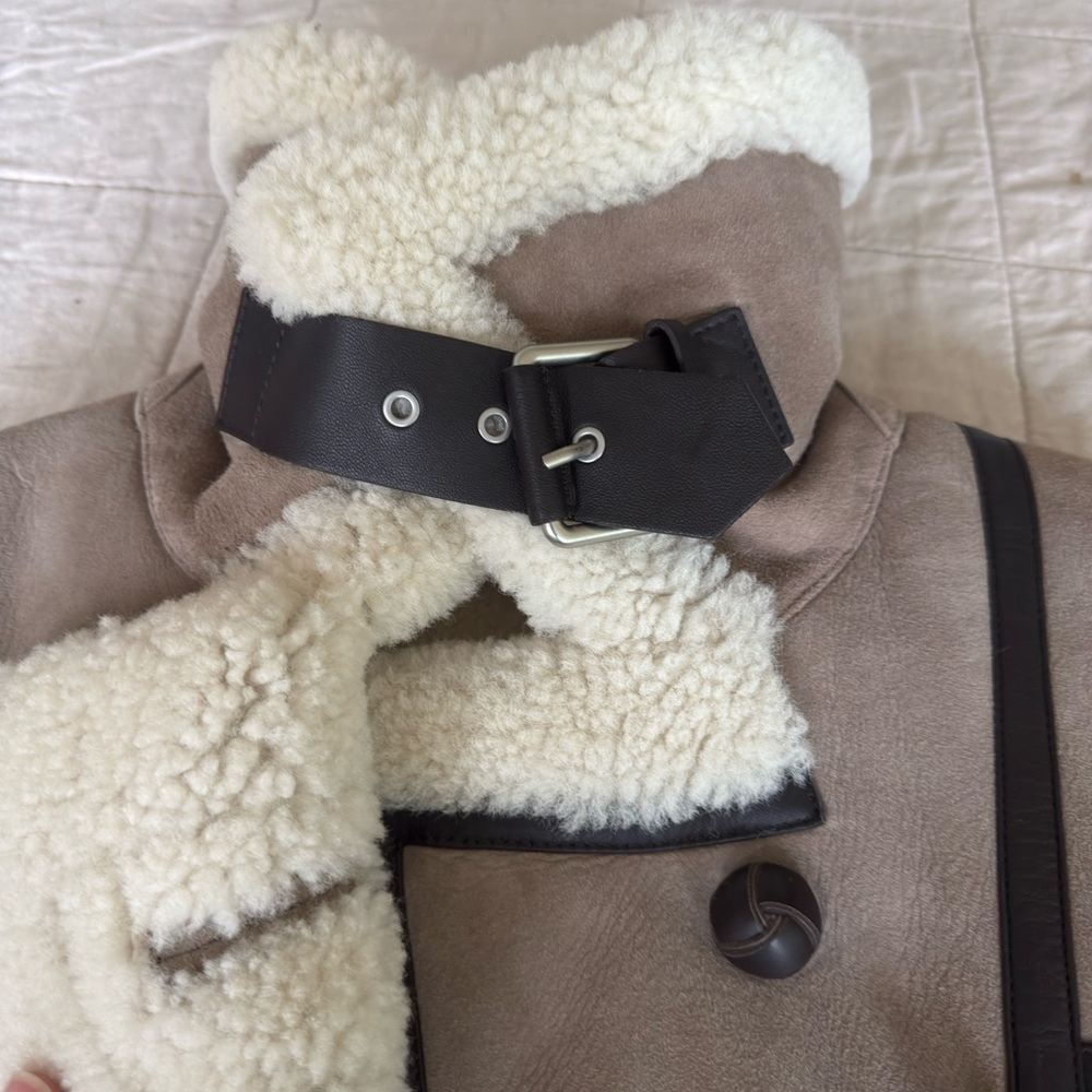 ALLSAINTS PRIYA SHEARLING JACKET TAUPE/ CHALK WHITE MEDIUM - Picture 11 of 16